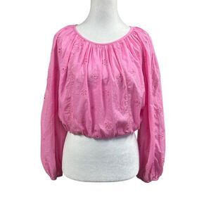 Velvet by Graham & Spencer Yara Blouse Eyelet Puff Sleeve Crop Sz M Pink